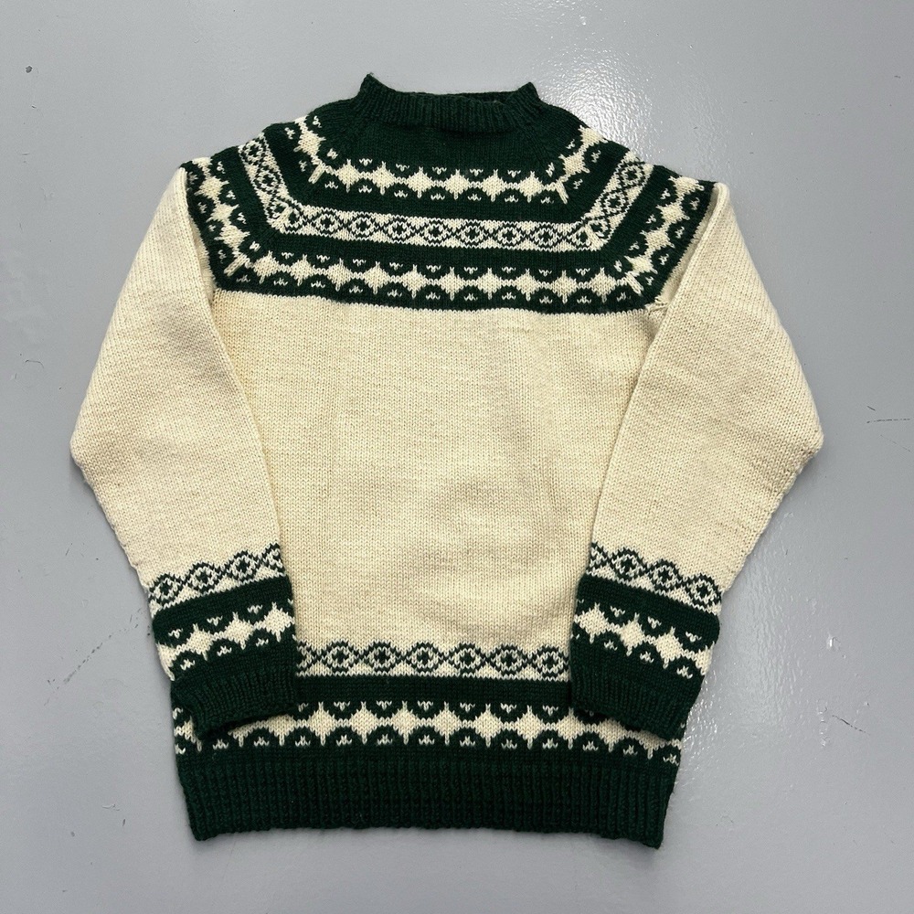 VTG 80s Handmade Norway Fair Isle Wool Pullover Mock Neck Sweater Womens M Ivory